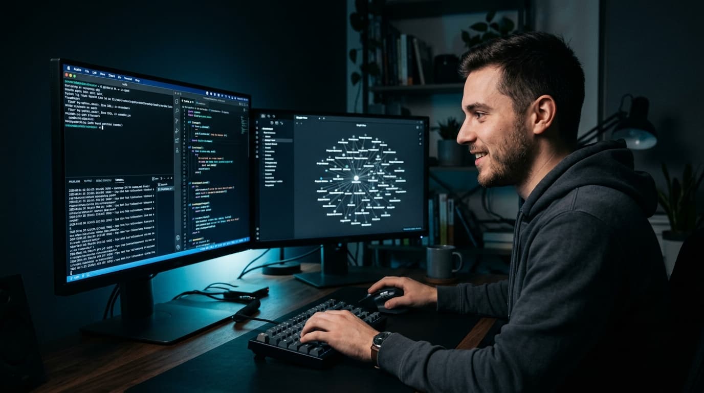 Developer at dark workstation with Obsidian graph and Claude Code terminal