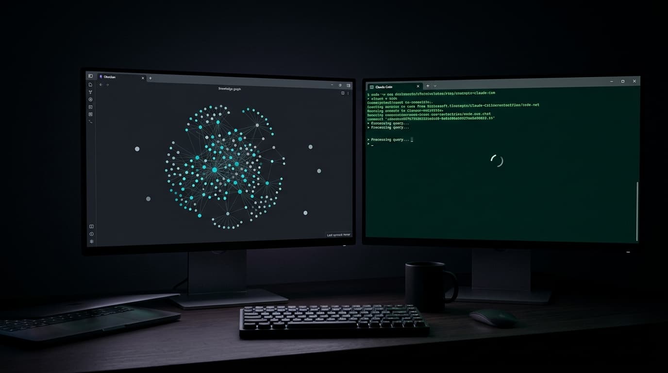 Claude Code + Obsidian setup showing the ceiling — stalled terminal, drifted context files, fragmented workflow