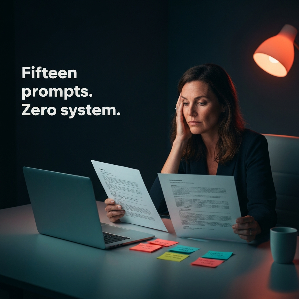 A founder reviewing and organizing a structured document system, building a foundation layer for their AI workflows