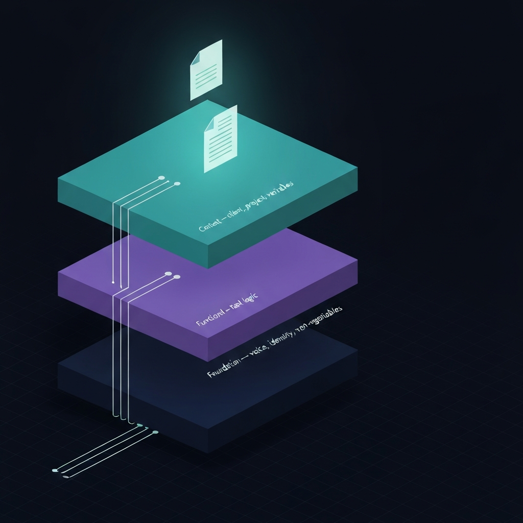 An abstract visualization of a layered prompt architecture, three distinct levels connecting into a structured system with data flowing between them