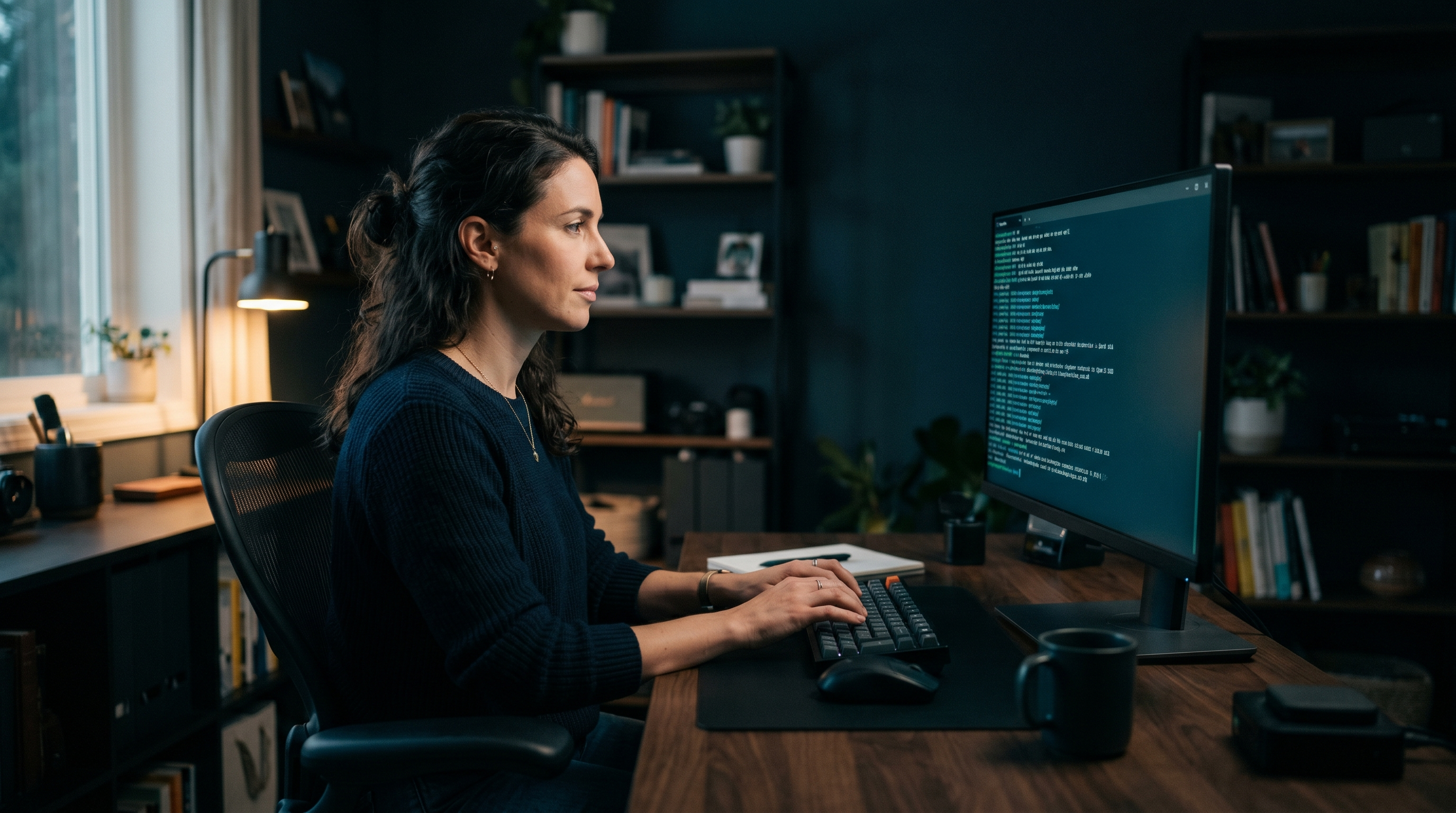 A solo founder using terminal-based AI tooling on dual monitors, building without a developer on payroll