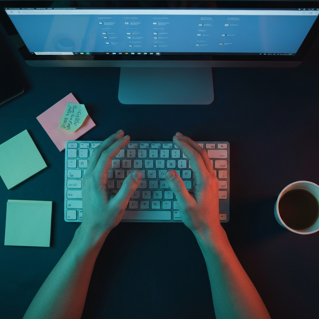 Business owner researching competitors at a desk, focused, dark teal lighting, hands on keyboard