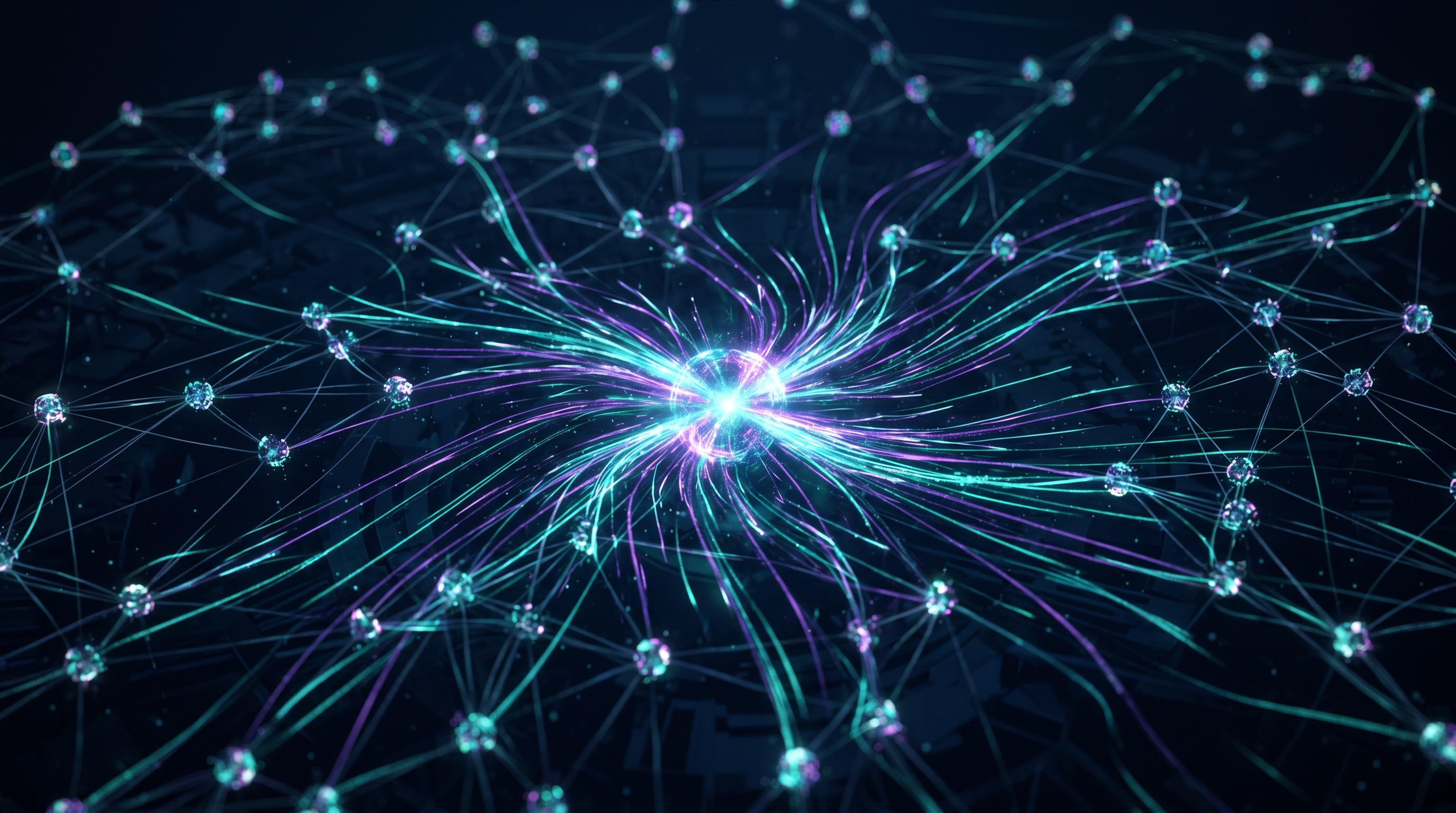 Abstract connected intelligence network, teal and purple data nodes on dark navy background