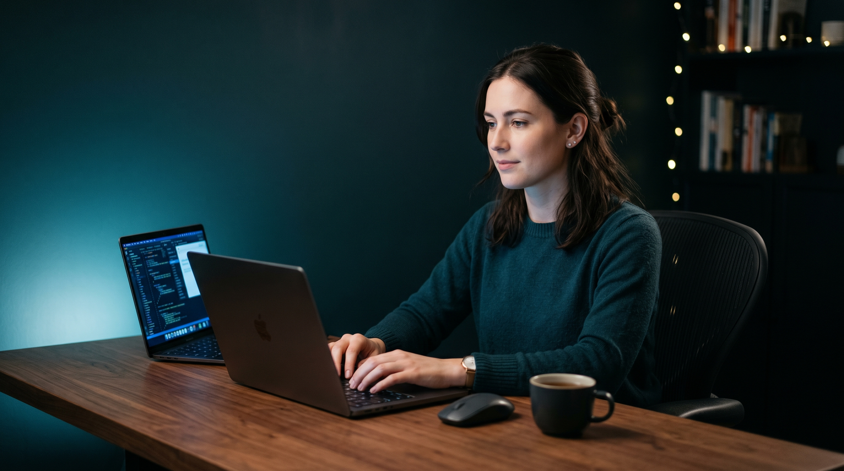 Business owner overwhelmed by a constellation of floating documents and tasks, dark teal ambient light, papers and sticky notes surrounding her