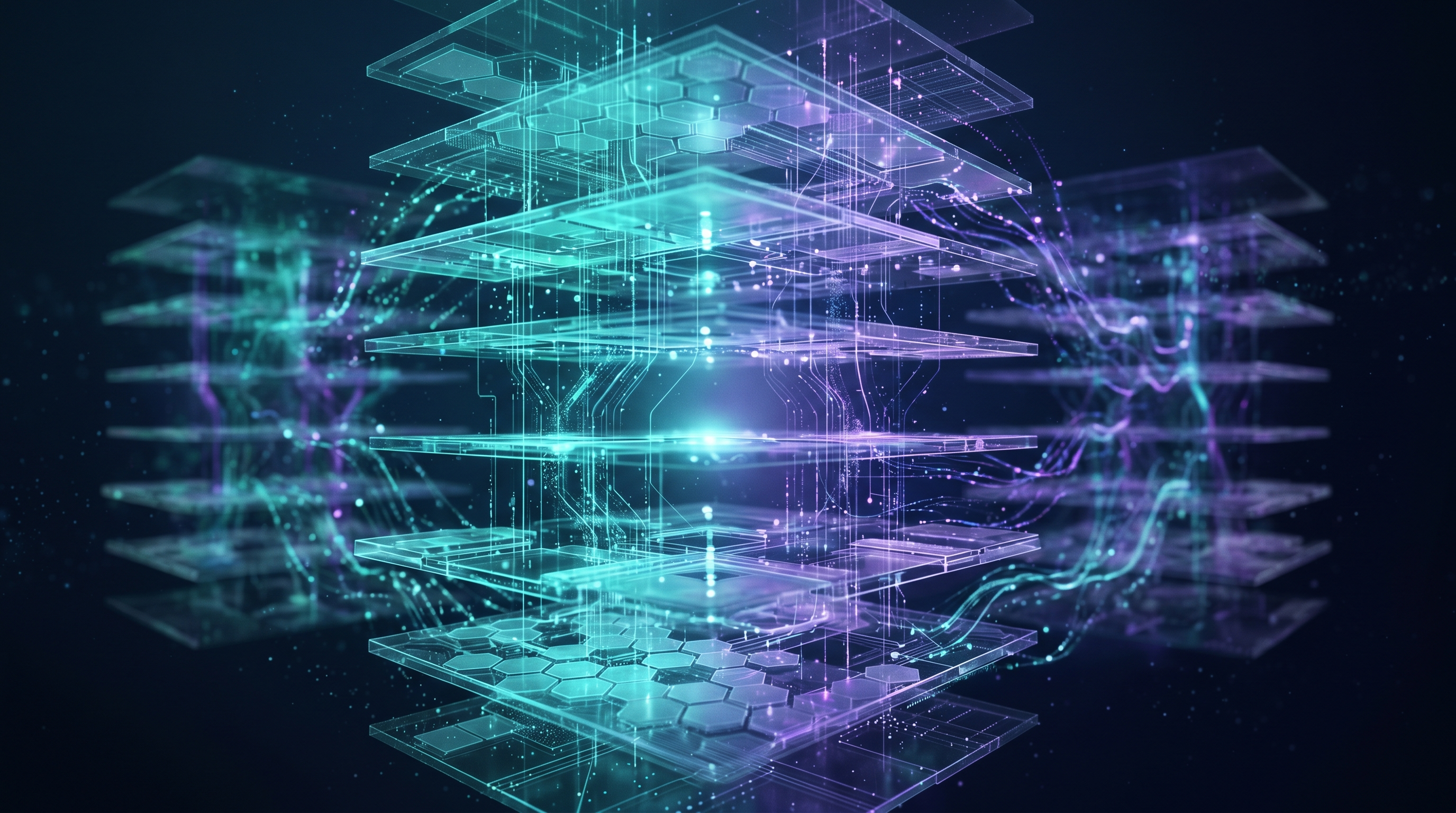 Abstract multi-layer system architecture with stacked transparent planes and flowing teal and purple data streams, dark navy background
