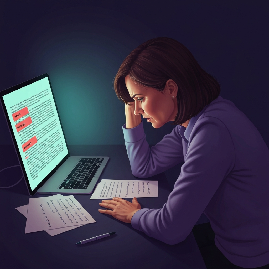 Woman frustrated at laptop with documents spread across desk, reviewing AI-generated output under dim light