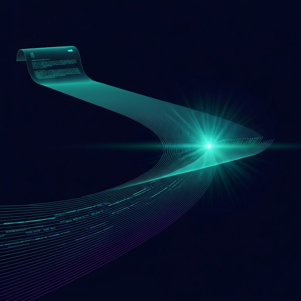 Abstract teal data stream flowing through a dark navy channel, smooth cinematic depth