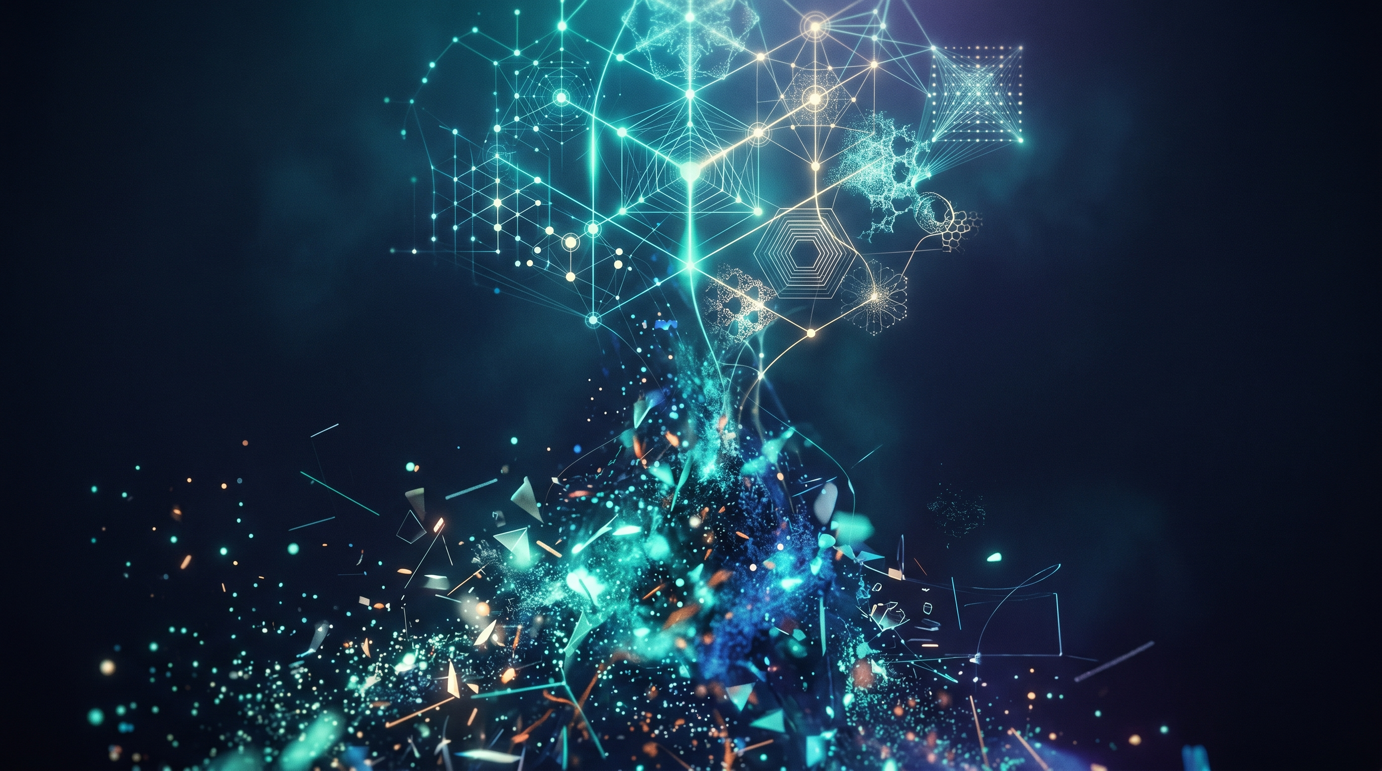 Abstract visualization of a two-stage reasoning process, inputs flowing into structured thought patterns, dark navy background, teal gradient
