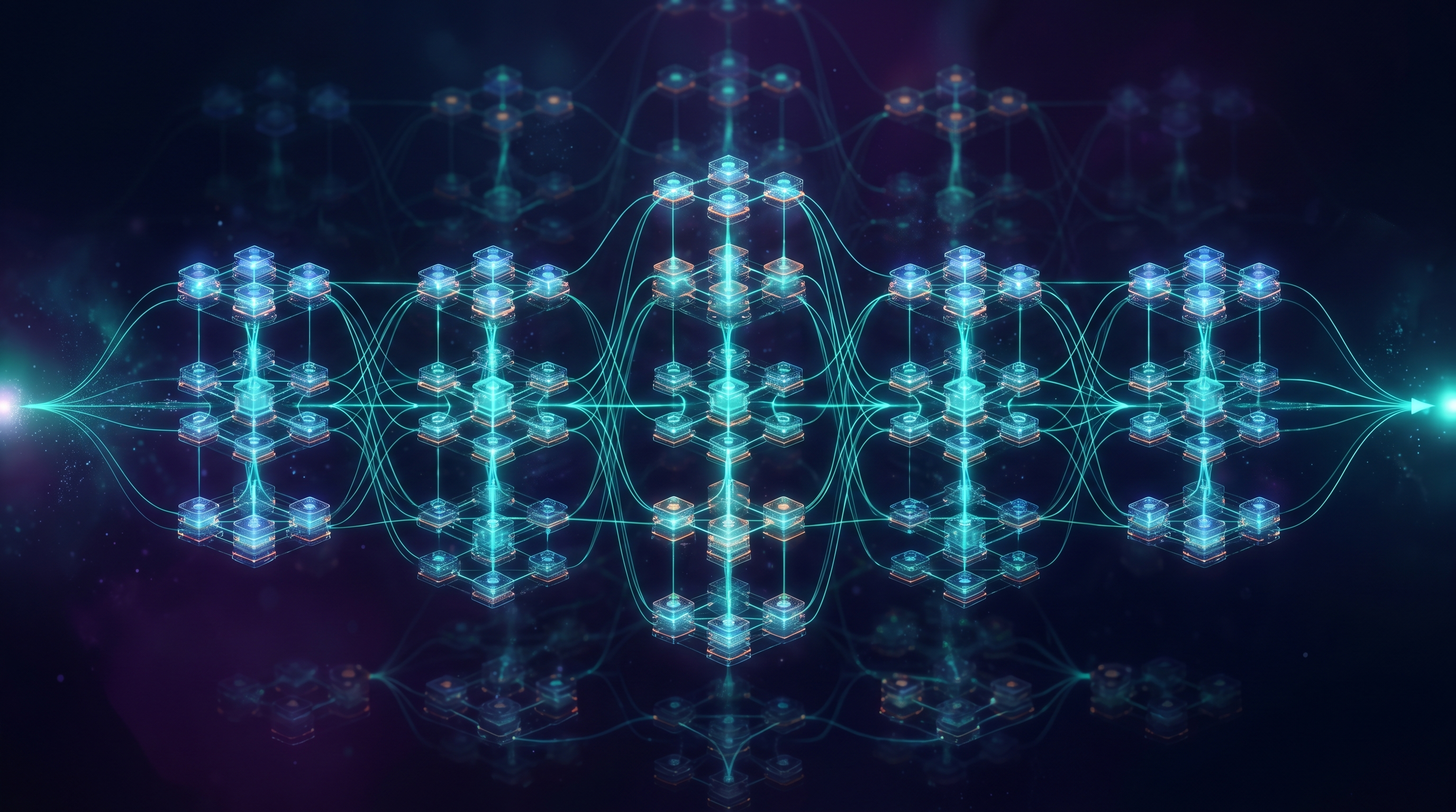 Abstract staged prompting architecture, layered processing nodes connected by glowing teal lines, dark navy, purple depth