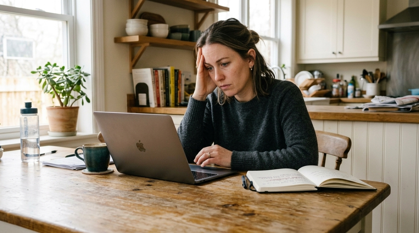 A founder at a desk surrounded by scattered sticky notes and multiple disconnected screens, overwhelmed by too many tools